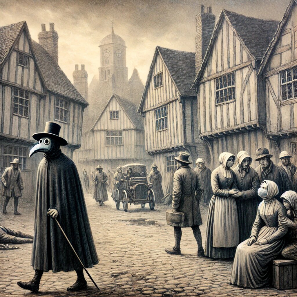 Сцена в средневековой Европе во время чумы: люди в страхе и доктор, проходящий по опустевшей улице.