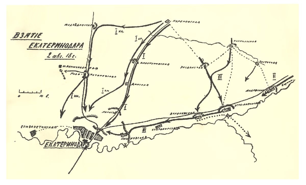 Схема наступления Добровольческой армии на Екатеринодар. Изображение из открытых источников