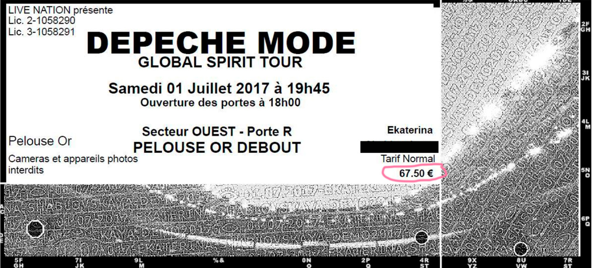 Нашла вот такой раритет: билет на концерт Depeche Mode семилетней давности в Париже — 67 евро. Если учесть инфляцию, сейчас эти деньги превратились в 83 евро 