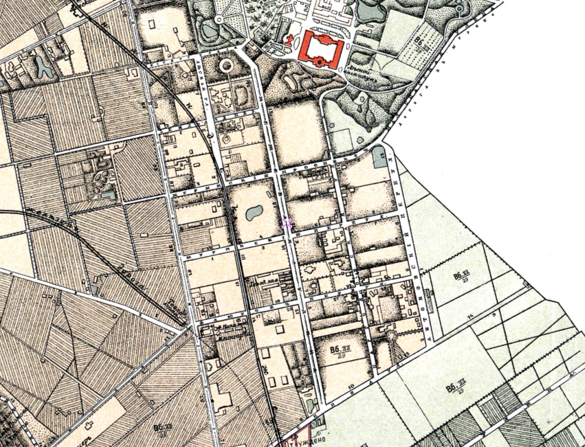 Межевая улица на плане Санкт-Петербурга 1904 года с завершением в районе улицы Батенина (ныне - Александра Матросова)