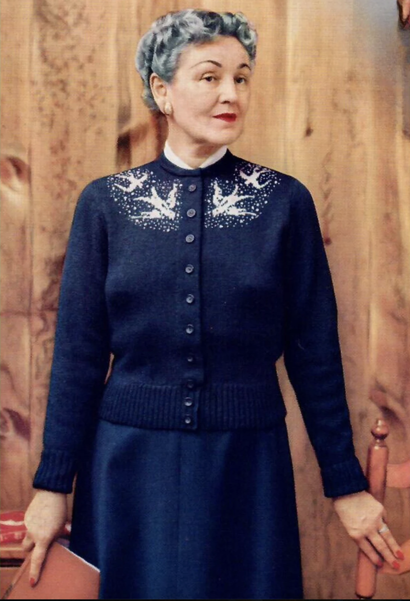 Swallow Cardigan, pattern purchased at https://www.etsy.com/listing/1533279067/1950s-white-dove-bird-cardigan-vintage