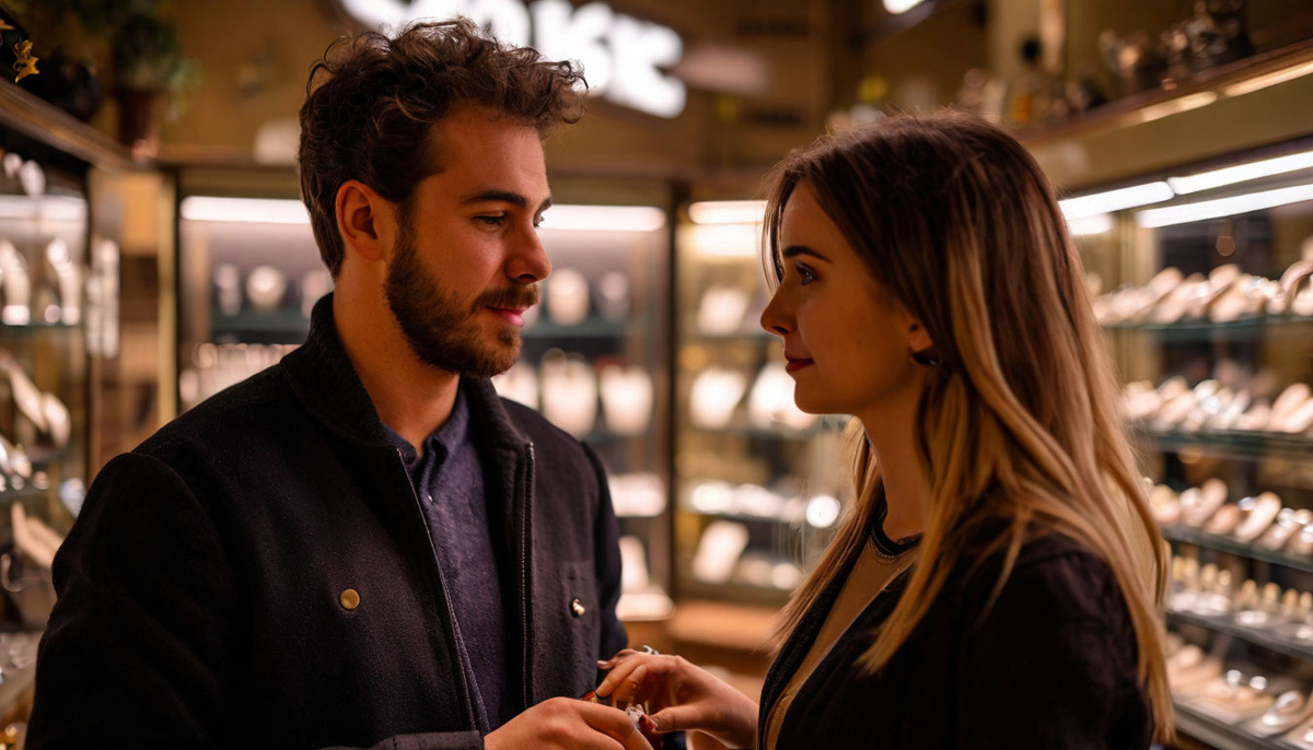 Мужчина стоит с девушкой в ювелирном магазине.