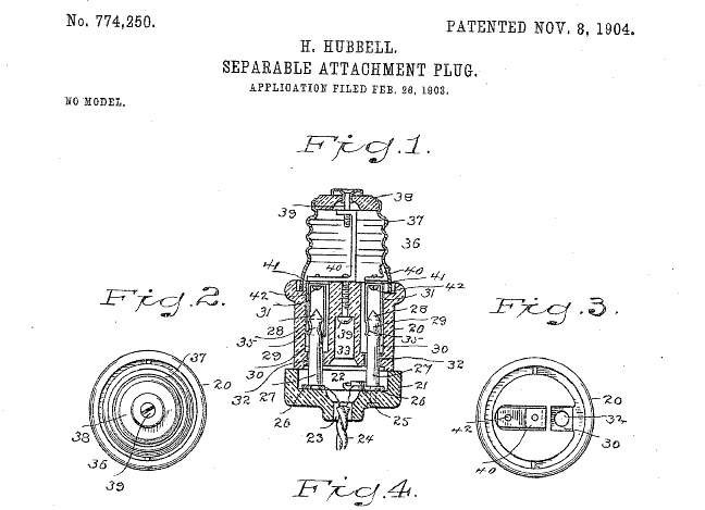 Патент на вилку и розетку, Harvey Hubbell. Источник фото: https://connecticuthistory.org/first-us-detachable-electric-plug-today-in-history-november-8/