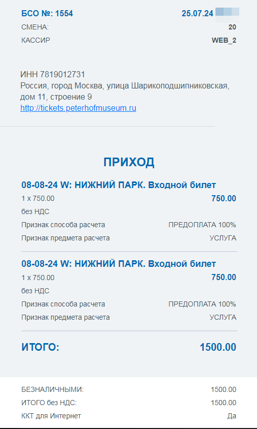 Подтверждение онлайн оплаты билета на вход в Нижний парк