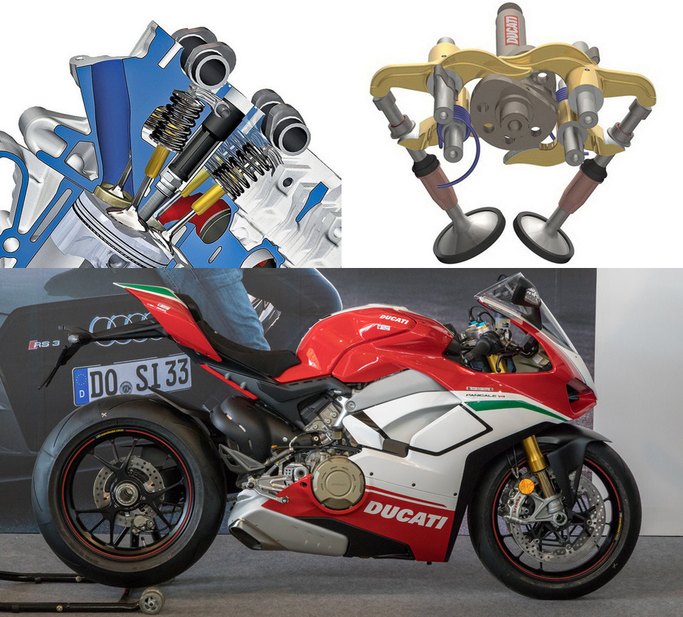 Сравнение обычного ГРМ (слева) и десмодромного. Внизу — спортбайк Ducati Panigale V4. В модификации V4R литровый четырёхтактный “десмодромный” мотор выдаёт 234 л.с. при 15 250 об/мин, а опционально — 237 при 15 500 об/мин.