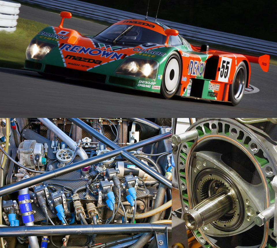Mazda 787B и её четырёхроторный мотор Ванкеля R26B. Этот аппарат выиграл “24 часа Ле-Мана” в 1991 году. Единственный раз это сделал автомобиль не с обычным поршневым мотором, а с роторным. Справа — разобранный “ванкель” 13B.