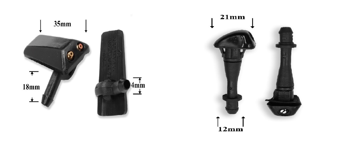 Форсунки омывателя: Струйные и веерные форсунки.