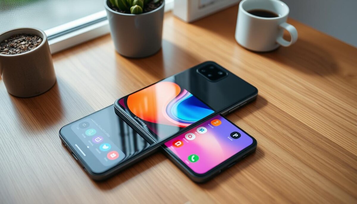 Элегантный современный смартфон Samsung Galaxy A24 лежит на деревянном столе, демонстрируя свой яркий дисплей с красочными значками приложений, окруженный минималистской обстановкой с растением в горшке и чашкой кофе, мягкое естественное освещение подчеркивает дизайн и цвета телефона.