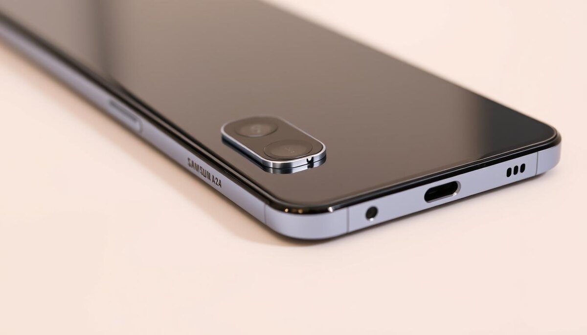«Подробный крупный план смартфона Samsung Galaxy A24, демонстрирующий его элегантный дизайн, модуль камеры, кнопки и края экрана, с современной и минималистской эстетикой на чистом, нейтральном фоне».