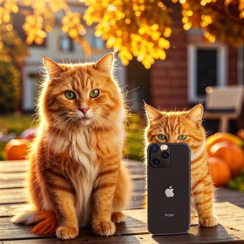 Кот в мешке рядом с iPhone 15 Pro Max 
