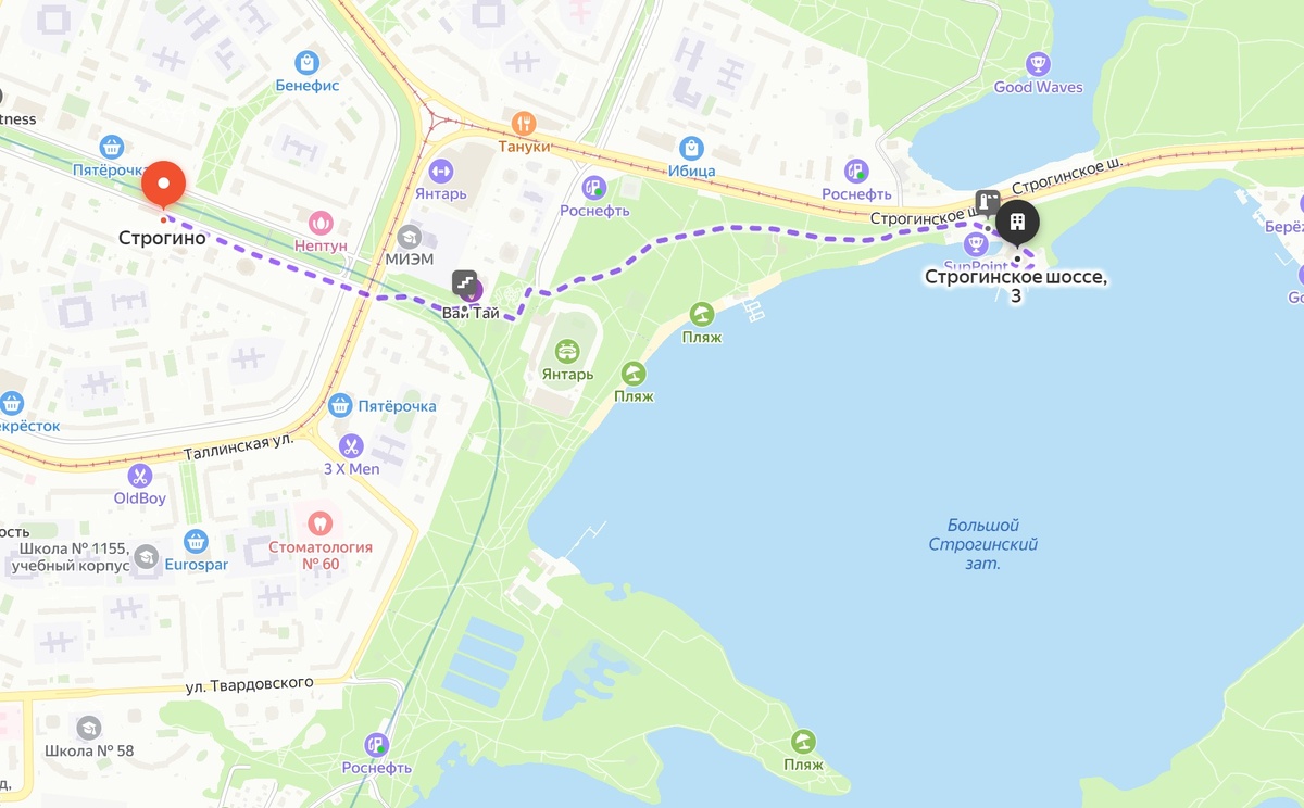 Пеший  маршрут от станции метро Строгино до яхт школы