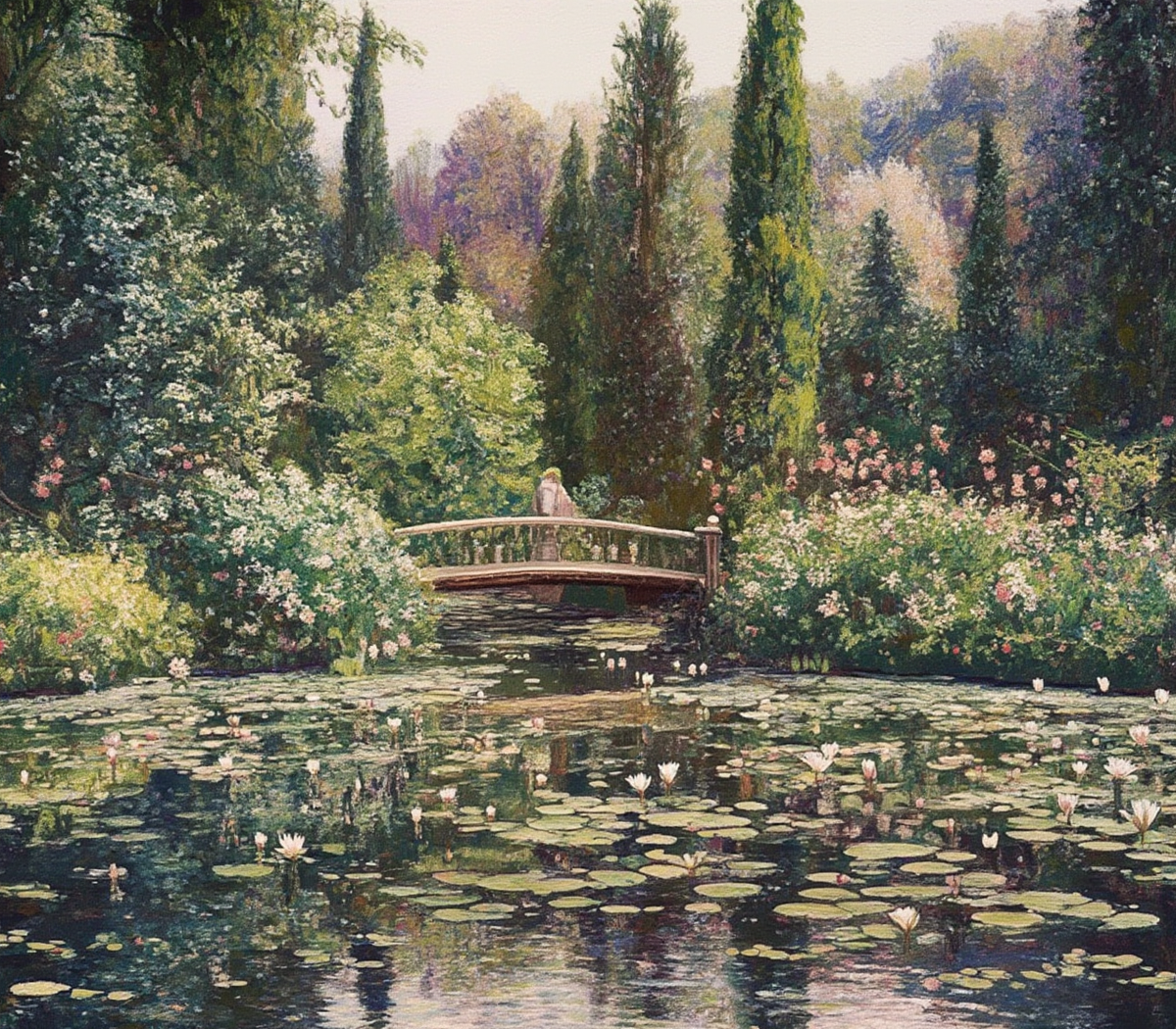 Это изображение было сгенерировано нейросетью на основе картины «Water Lily Pond» Claude Monet.