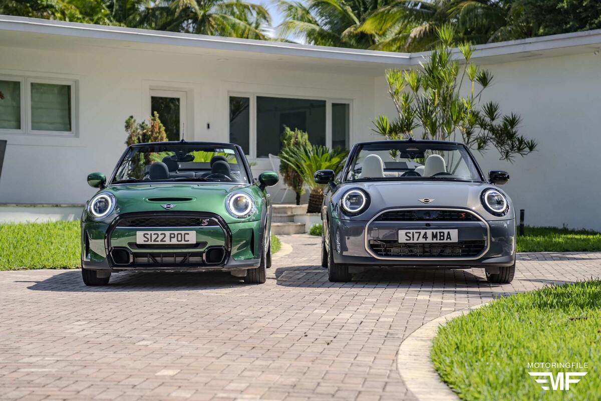 Слева: MINI Cabrio предыдущего поколения (F57). Справа: новый MINI Cooper Cabrio (F67). Листайте галерею. Декоративная ноздря в капоте и патрубки выхлопной системы исчезли в дизайне экстерьера. Новый код дизайна "Харизматичная простота". Источник: Motoring File.