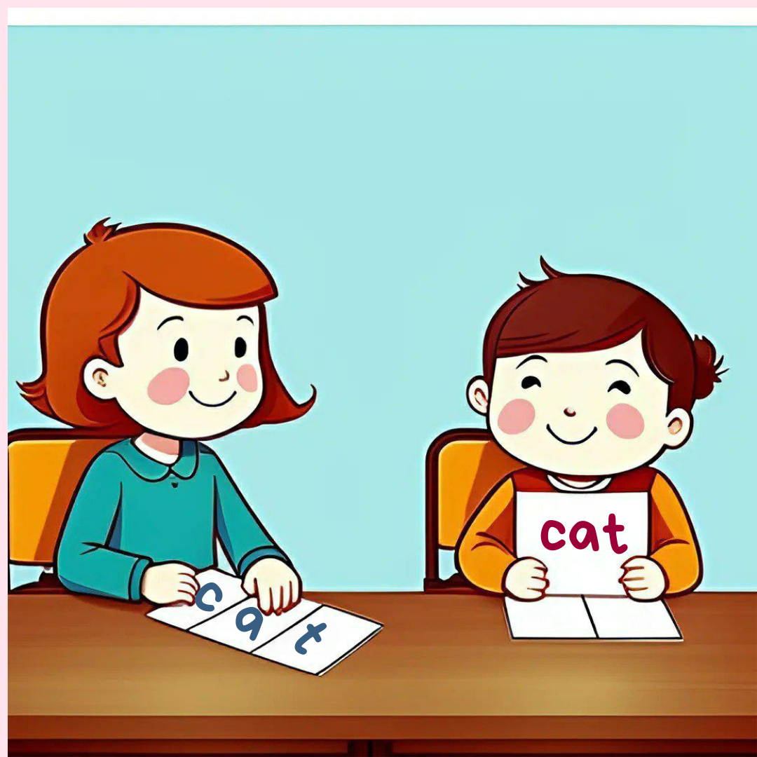 Мальчик и девочка сидят за столом с карточкой кота