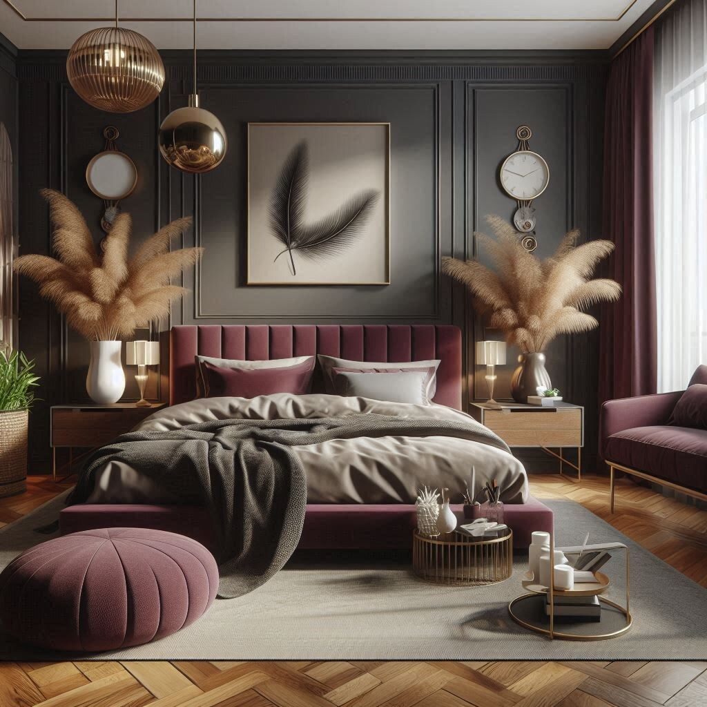 Кровать цвета бургунди