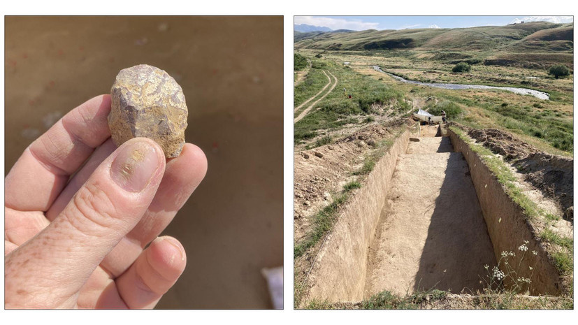     Слева: «ориньякский» скребок высокой формы, Узынагаш 1. Справа: вид на траншею в процессе исследования. Стоянка Узынагаш 3  Пресс-служба Института археологии РАН