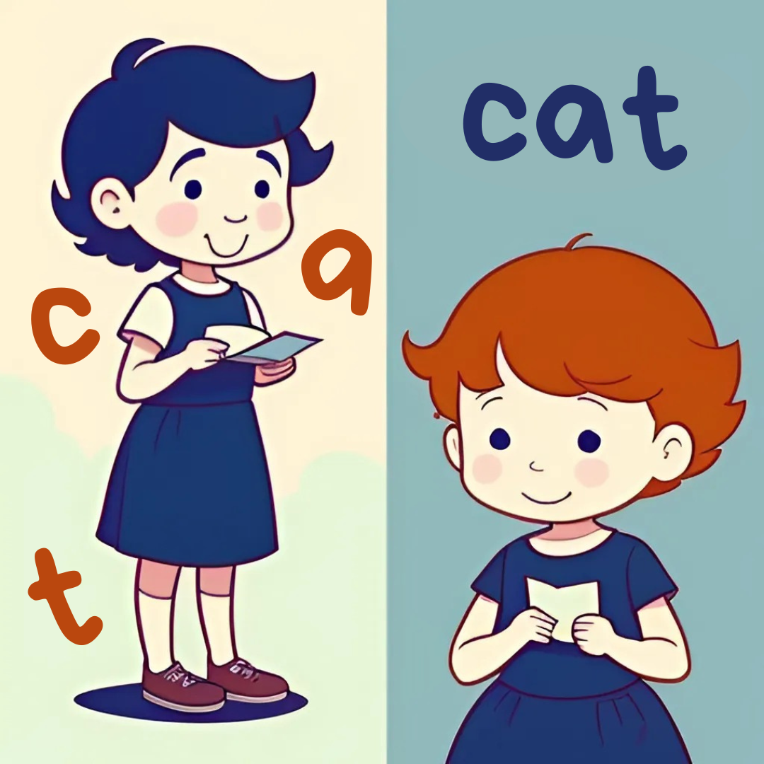 Слева девочка, которая учится по фониксам, справа - запоминает слова целиком