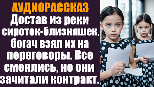 Достав из реки сироток близняшек, богач взял их с собой на важные переговоры. Все смеялись.