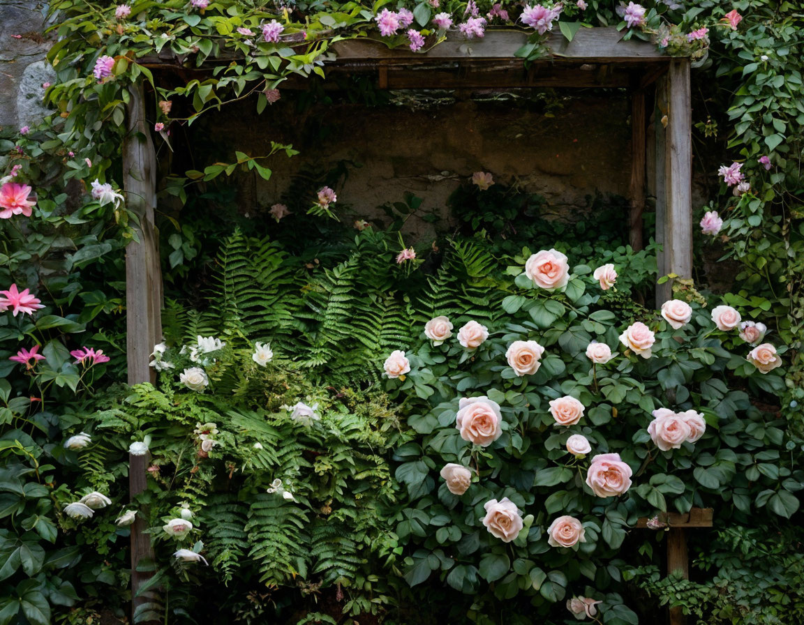был задан запрос: тенистый уголок сада с папоротником, хостой белыми розами и розовым клематисом на деревянной опоре