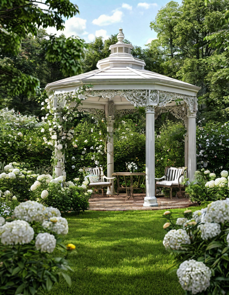 запрос для нейросети: белая беседка, белые розы и гортензии 