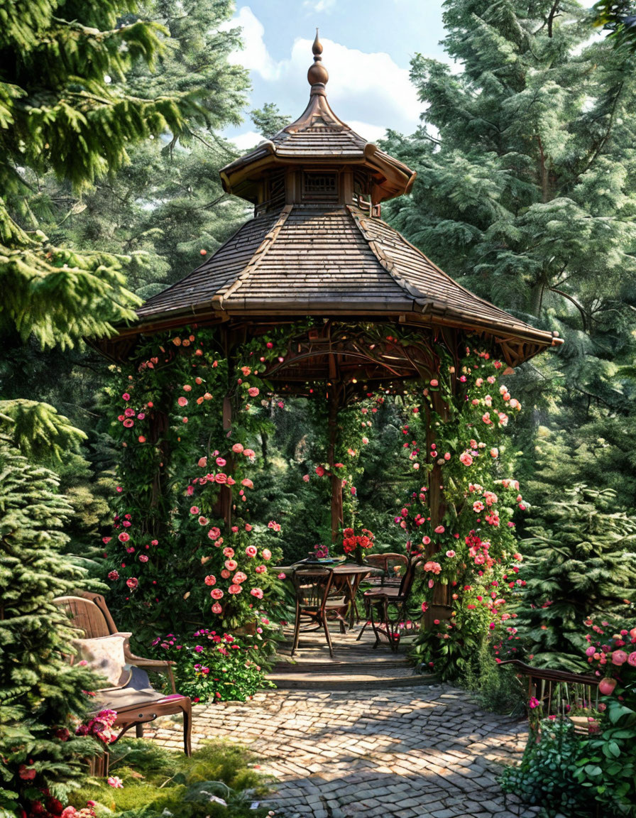 а тут запрос для нейросети не описал цвет беседки, но просила газон, но ИИ подумал по другому