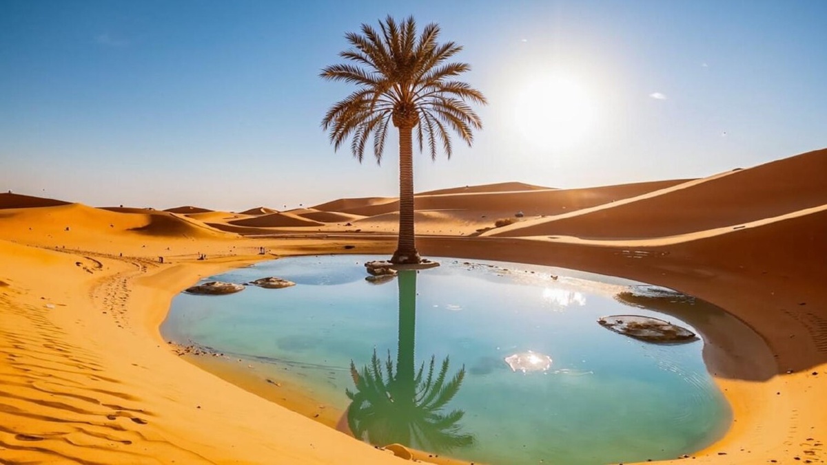 Пальмы, привыкшие к засухе, теперь отражаются в огромных лужах.  Фото: Изображение сгенерировано нейросетью Kandinsky 3.1