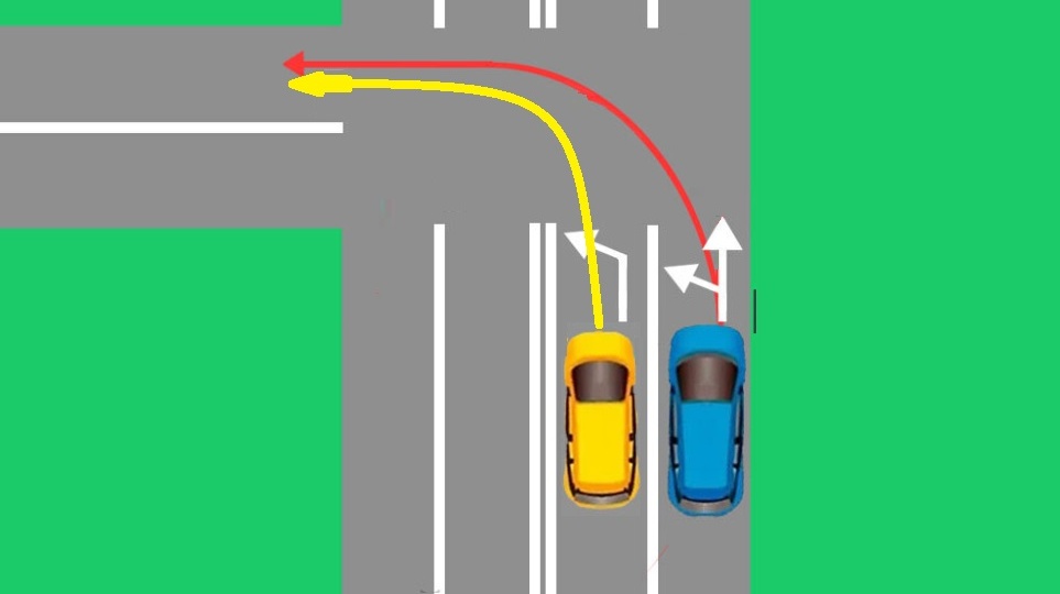 Из двух полос поворот налево в одну полосу, кто обязан уступить дорогу, а кто имеет право проехать первым