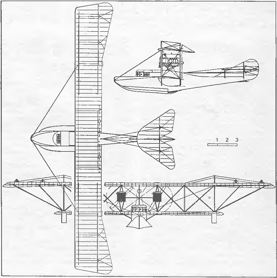  схема летающей лодки Curtiss Model H America. Самолет имел размах крыльев 22,55 м, длину 11,43 м, массу пустого самолета 1360 кг и взлетную массу 2270 кг. Летающая лодка могла развивать максимальную скорость 105 км/ч. Чертеж из архива авторов