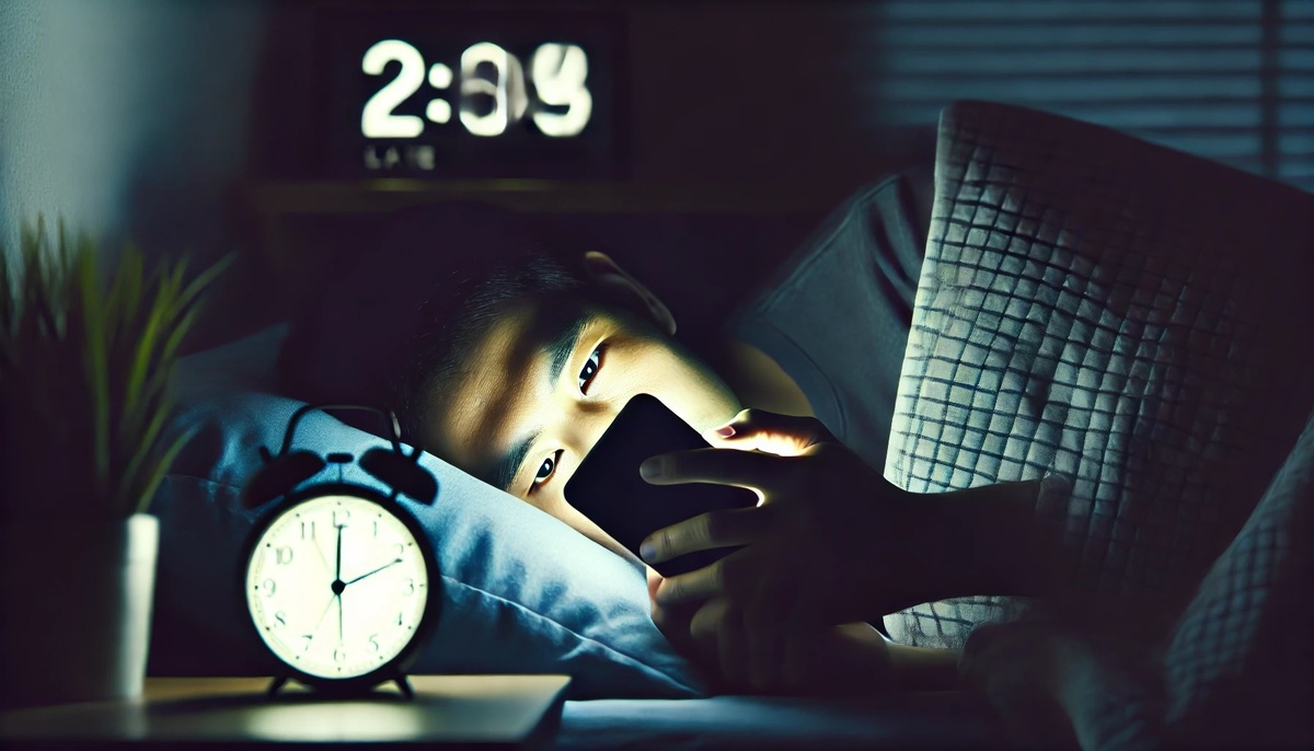 Вот изображение, иллюстрирующее использование телефона перед сном. Оно подчёркивает, как яркий экран в темноте может нарушить отдых.