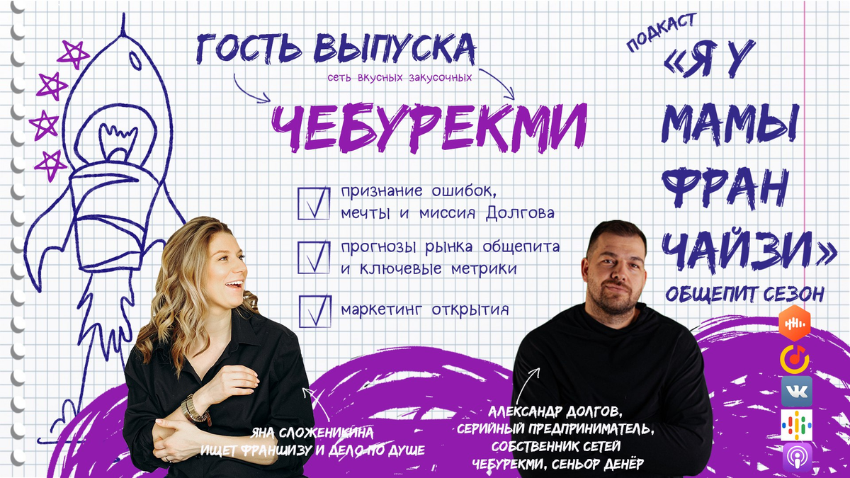 Яна Сложеникина, ведущая подкаста Я У МАМЫ ФРАНЧАЙЗИ и гость выпуска Александр Долгов – основатель крупнейшей франчайзинговой сети чебуречных ЧЕБУРЕКМИ