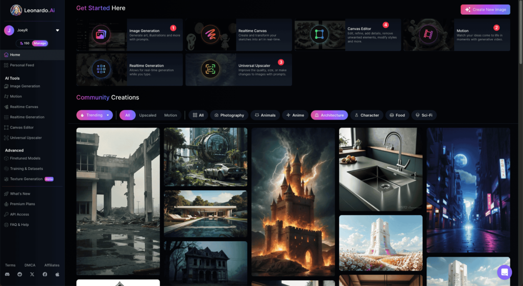 Домашняя страница веб-приложения Leonardo.ai 