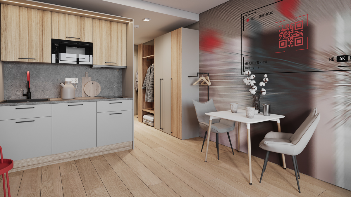 Студия «Стандарт» с меблировкой от отельного оператора PLG — компактный вариант, всегда востребованный у арендаторов.