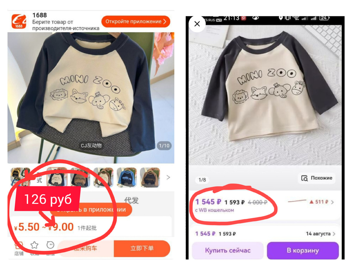 Сравнение цены в китае и на ВБ