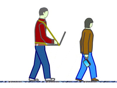 Девушка с планшетом на ремне; молодой человек с ноубуком, приспособленным для работы на ходу.