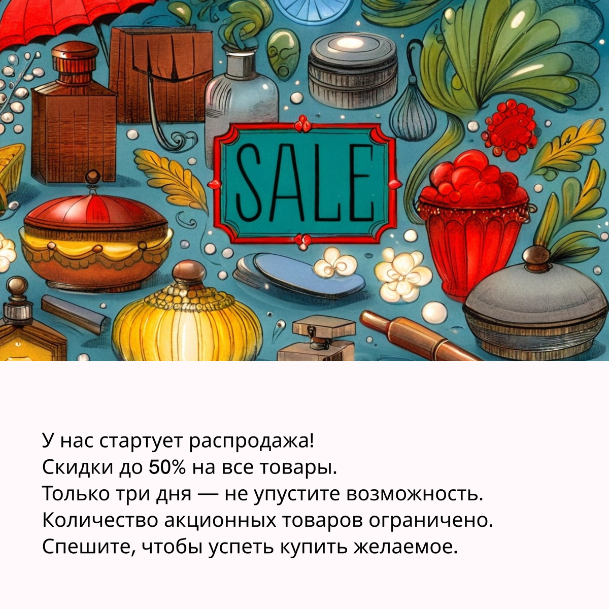 В это варианте выглядит не так ярко, но зато вся информация видна на превью. Наш читатель точно узнает, что ему стоит поторопиться, чтобы получить товары со скидкой