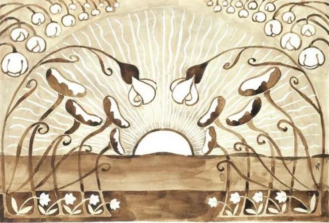 Поленова. Цветы приветствуют восходящее солнце. Эскиз. 1897. Бумага, белила, акварель.