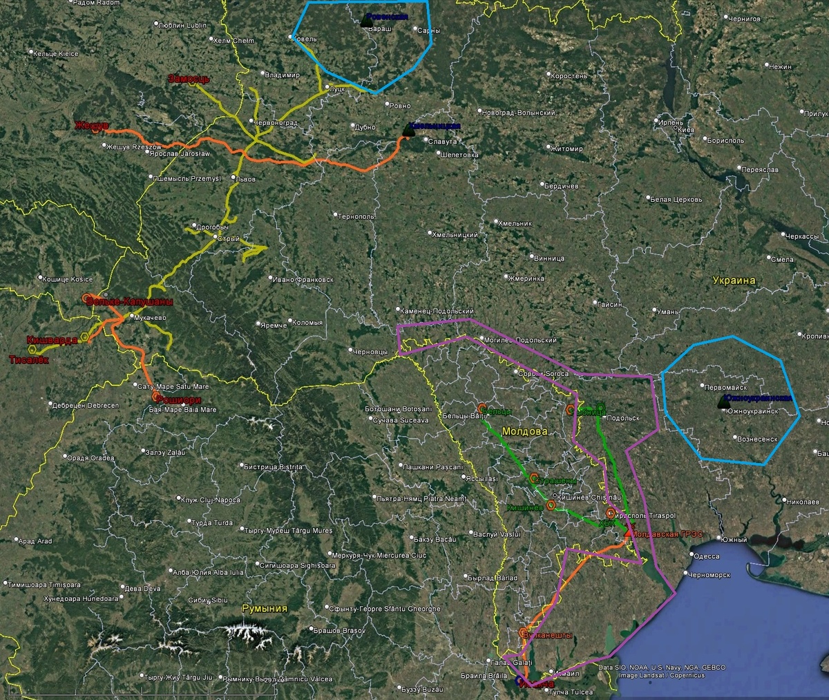 Районы с трудноустранимым, скажем так, электроснабжением. Рыжие линии – ВЛ 400 кВ, зелёные – 330 кВ, жёлтые – 220 кВ. Синим обведены примерные районы электроснабжения по сетям 35-110-150 кВ от АЭС. Фиолетовым – примерная зона влияния молдавской энергосистемы.