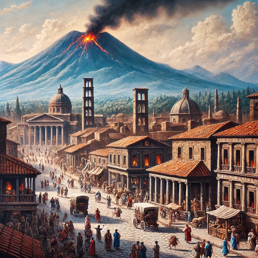 Древний город Помпеи за мгновение до извержения Везувия: улицы оживлены людьми, а на заднем плане гора Везувий, от которой уже поднимается дым.