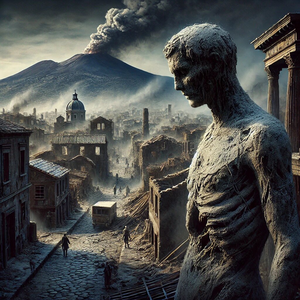После извержения: разрушенный город, погребенный под слоями пепла, с силуэтами жертв, застывших в своих последних мгновениях.