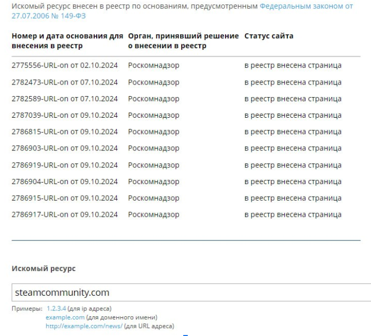     Информация о внесении страниц Steam Community в реестр запрещённых сайтов