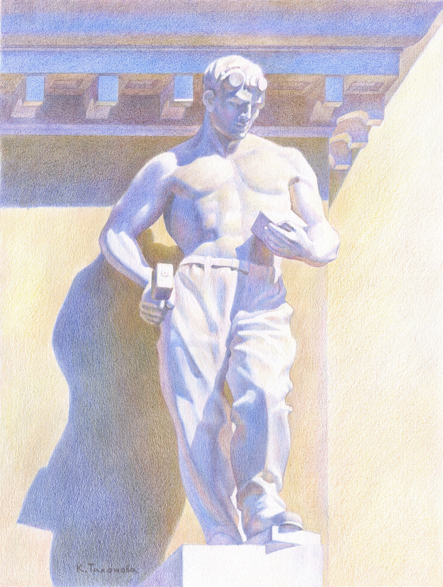 К. Тихонова. Серия: Удивительный Смоленск. Лист: Скульптура «Каменщик». 2024. Бумага, цветной карандаш. 37Х28.
