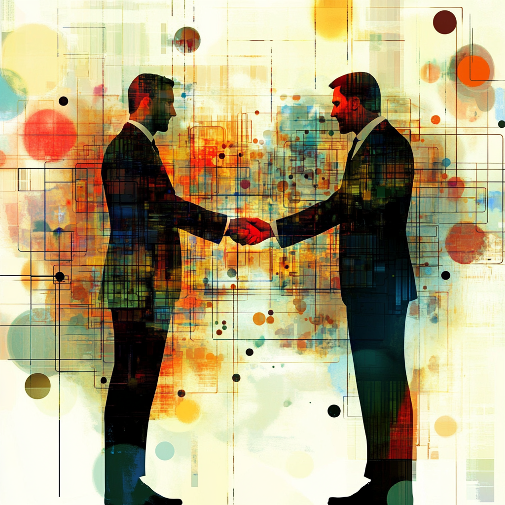 Промт в midjourney "abstract picture of business partneship between producer and web projects team lead"