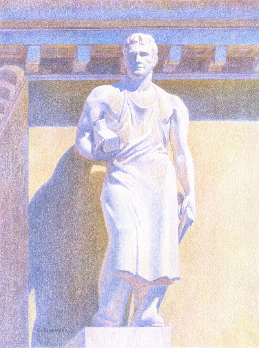 К. Тихонова. Серия: Удивительный Смоленск. Лист: Скульптура «Плотник». 2024. Бумага, цветной карандаш. 37Х28. 