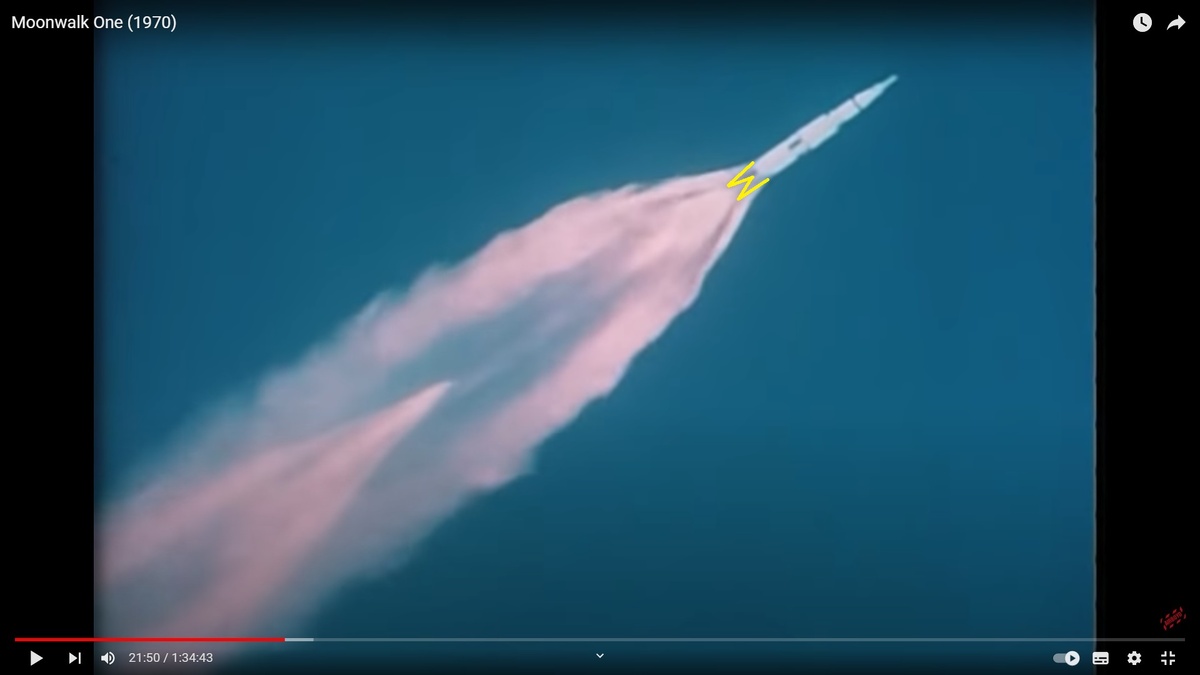 Жёлтым цветом подчёркнуты видимые границы огненных струй