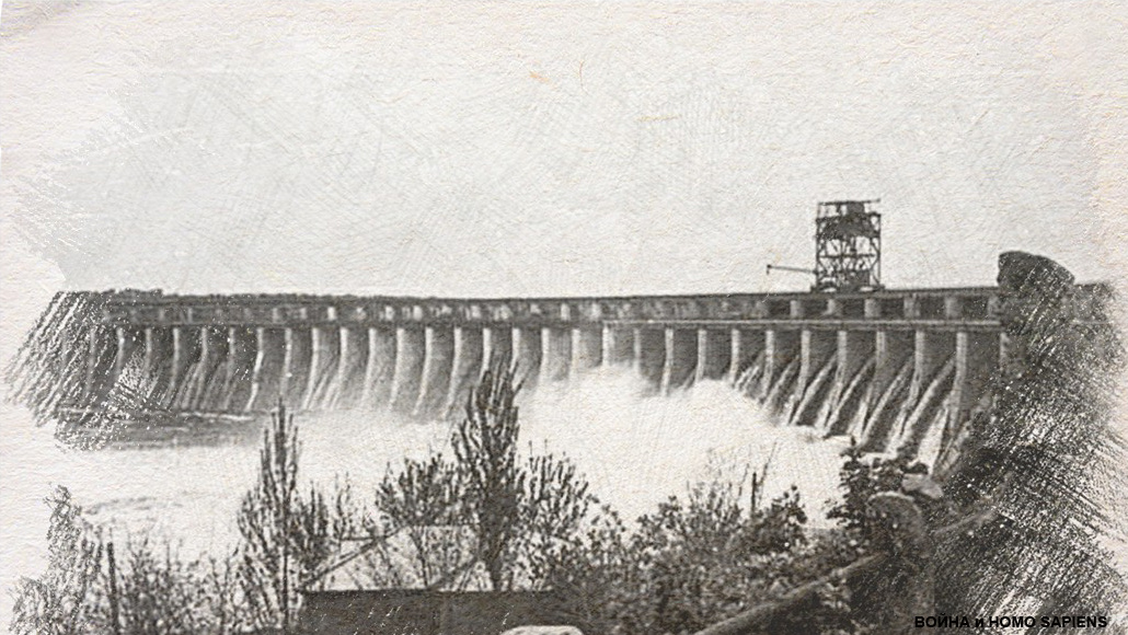 Солдат вермахта у Днепрогэса. Рисунок. Сгенерировано нейросетью Kandinsky