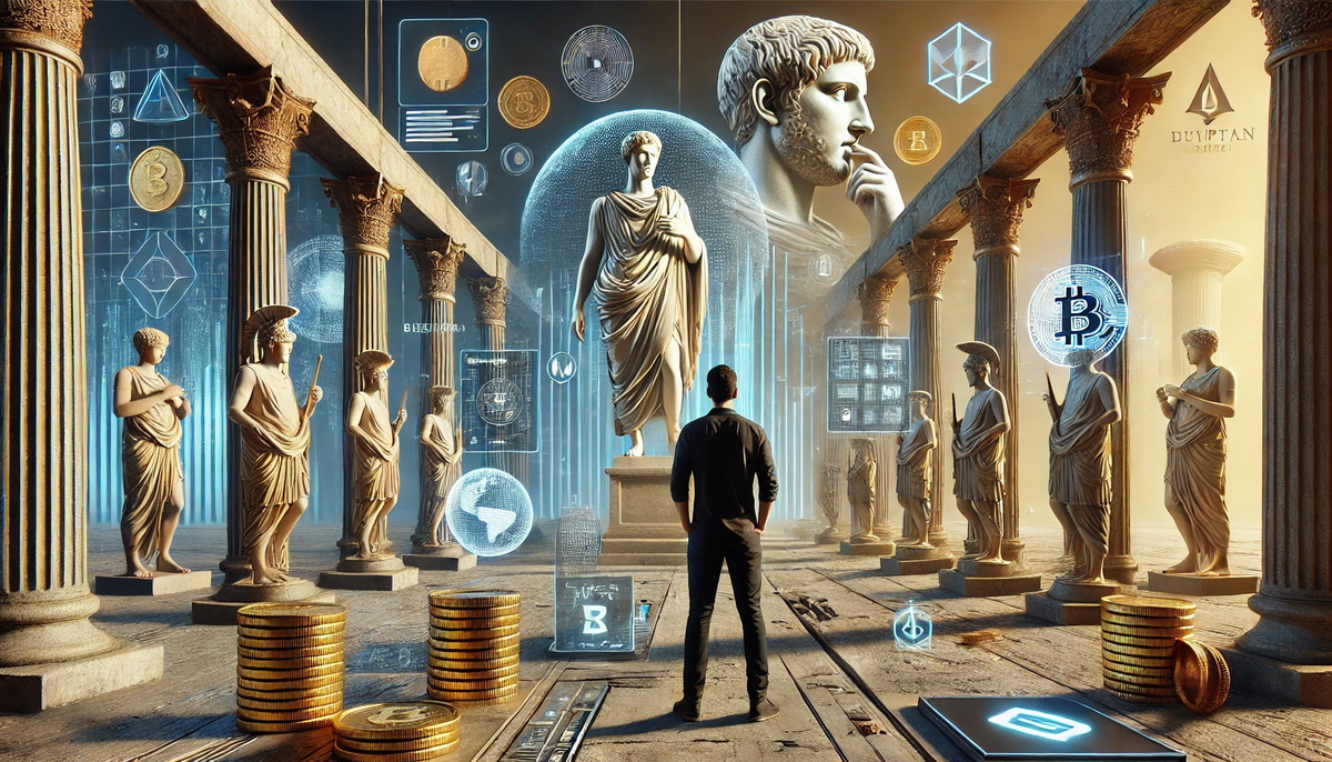 Артефакты прошлого с современными цифровыми элементами, иллюстрируя, как древние ценности трансформируются в постиндустриальную эпоху Web 3.0