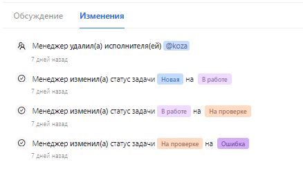 Пример истории изменений по задаче