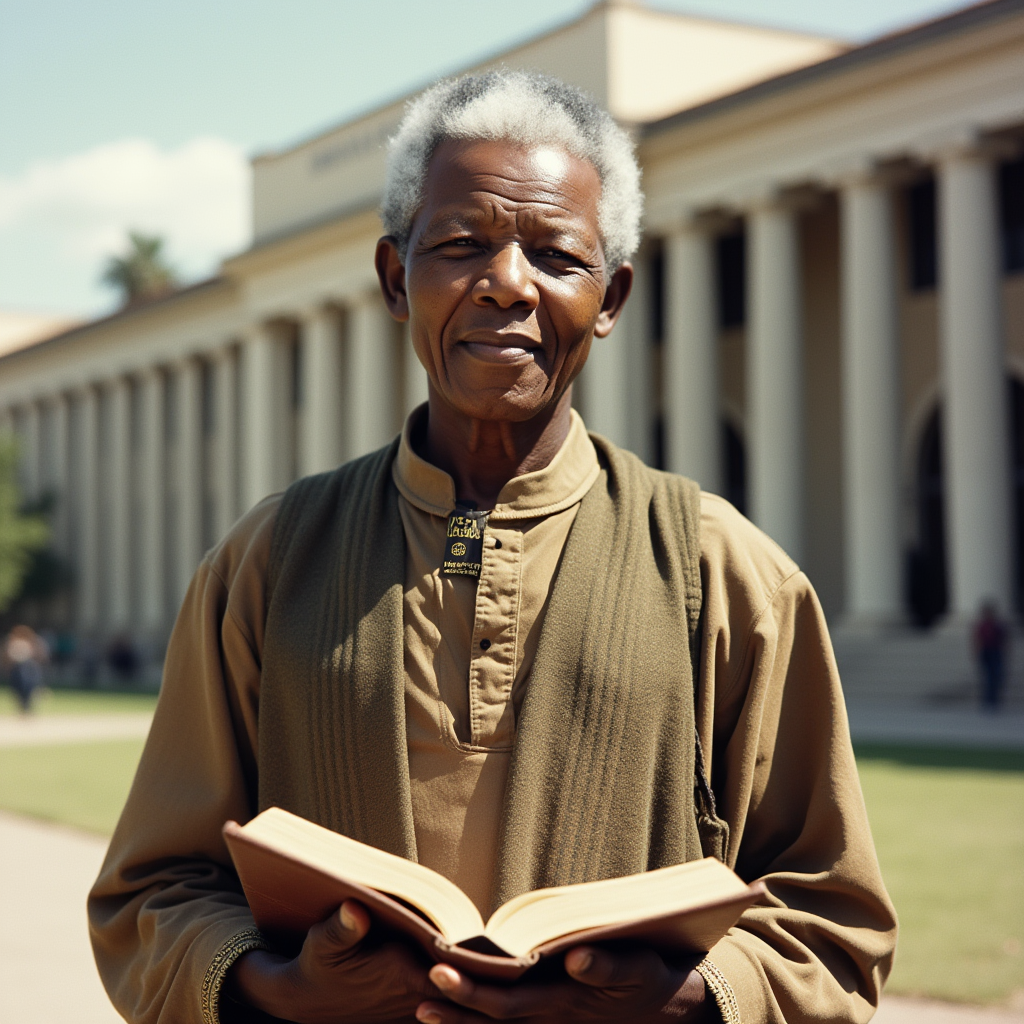 Молодой Нельсон Мандела с книгой, символизирующий стремление к знаниям и изменениям.
