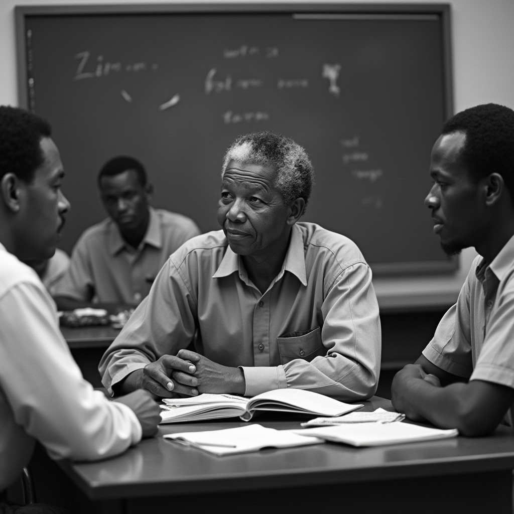 Мандела, обучающий других заключённых, демонстрируя силу духа и стремление к знаниям.