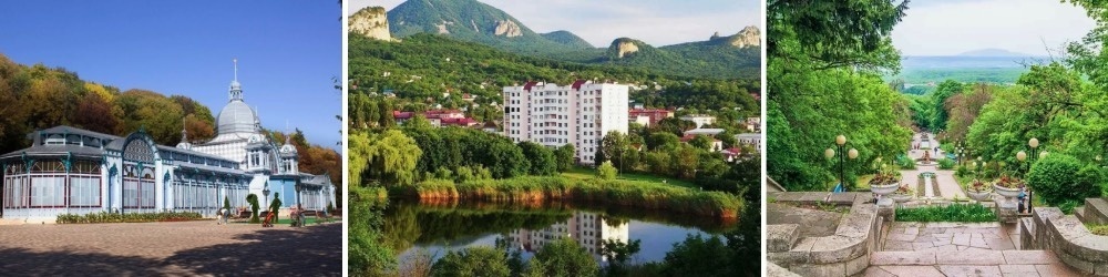 Железноводск. Город расположен на юге Ставропольской возвышенности, в предгорьях Большого Кавказа, по южному, юго-западному и отчасти восточному склонам горы Железной, в долине речек Джеймук и Кучук, в 6 км от железнодорожной станции Бештау, в 12 км от Пятигорска.